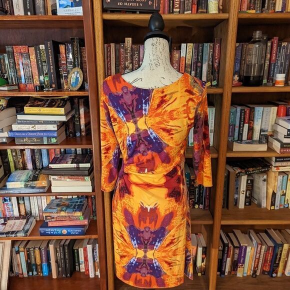 𝅺my Tribe multicolor side ruched long sleeve stretch knit dress size m euc - Picture 2 of 6